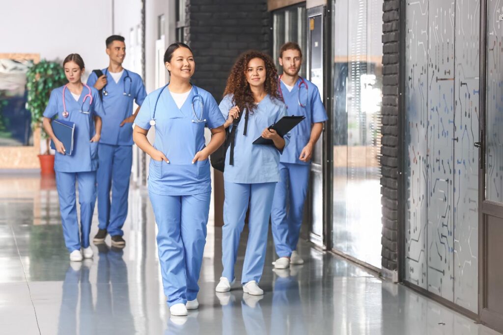 Group of medical students in corridor of medical university