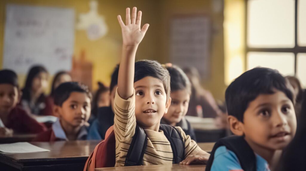 young boy raising hand in classroom