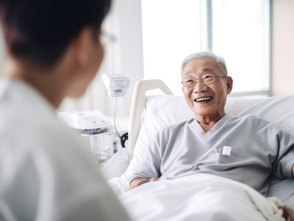 Doctor communicate with old patient in the hospital. AI generated picture. 