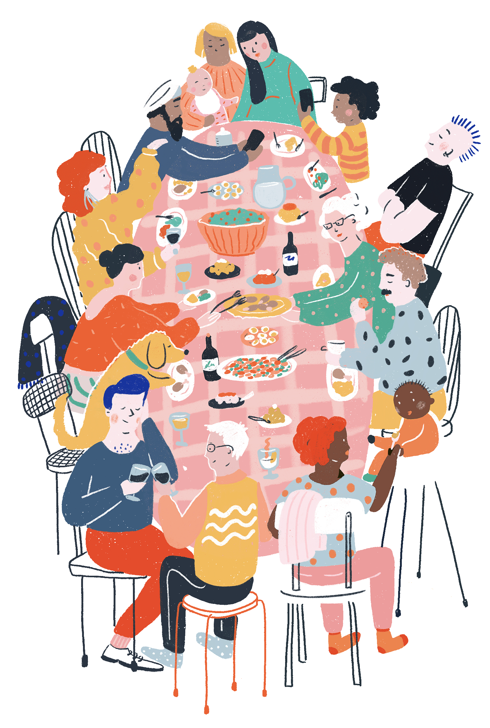 colorful, graphic image of a multi-racial, multi-ethnic group of people sitting around a table sharing a meal